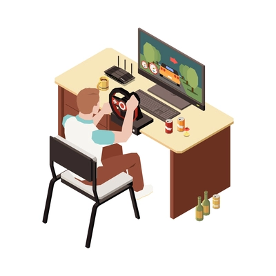 Isometric gamer playing on computer with gaming steering wheel 3d vector illustration