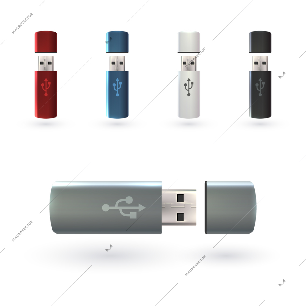 USB flash drive portable data devices set realistic decorative icons isolated vector illustration