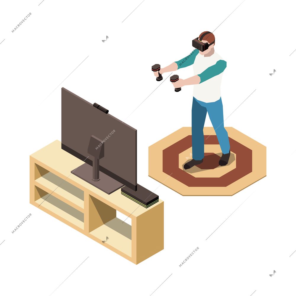 Gamer in virtual reality headset playing game on tv 3d isometric vector illustration