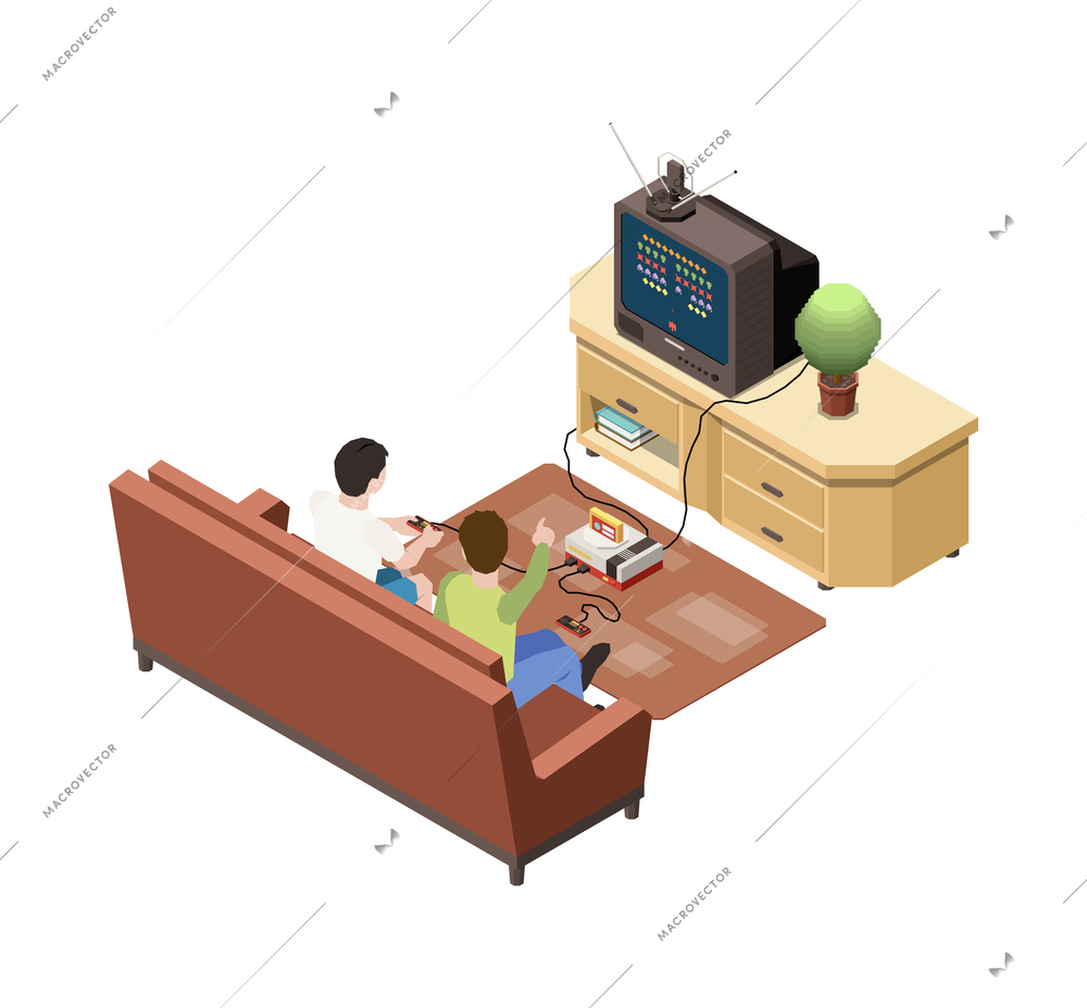 Two boys playing on retro games console on old tv 3d isometric vector illustration