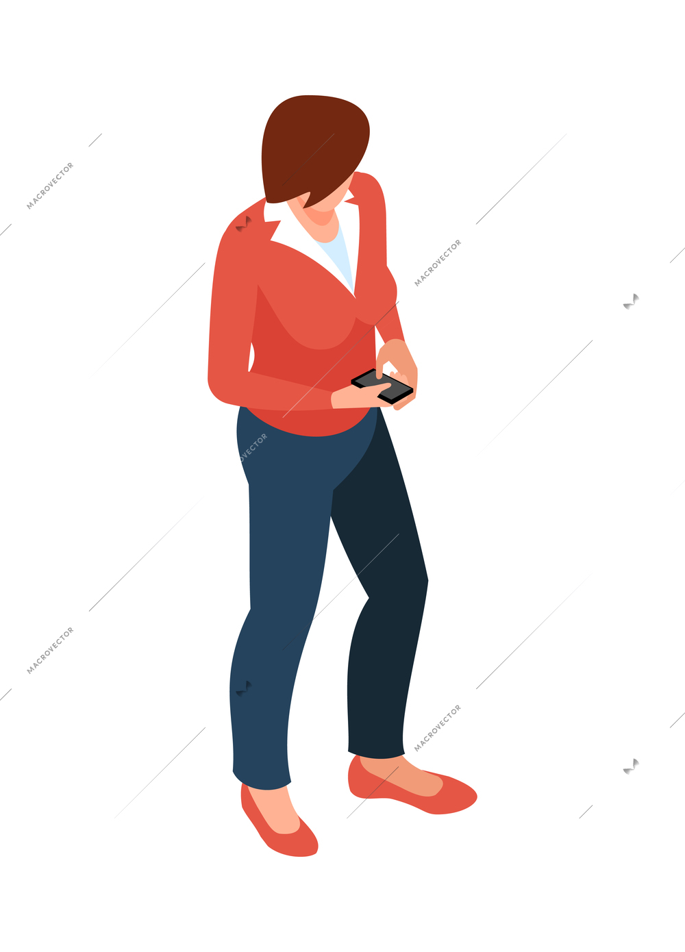 Isometric businesswoman or office worker with smartphone 3d vector illustration