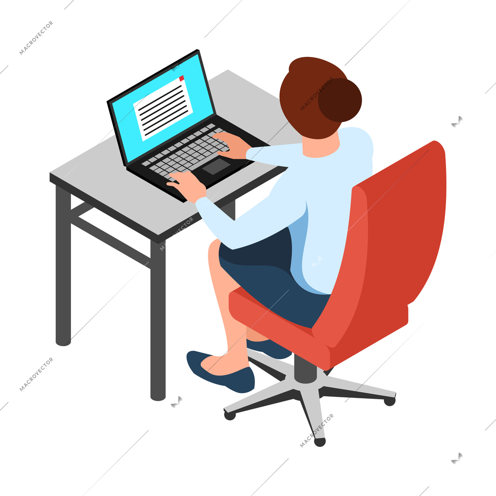 Businesswoman at her work place in office back view 3d isometric vector illustration