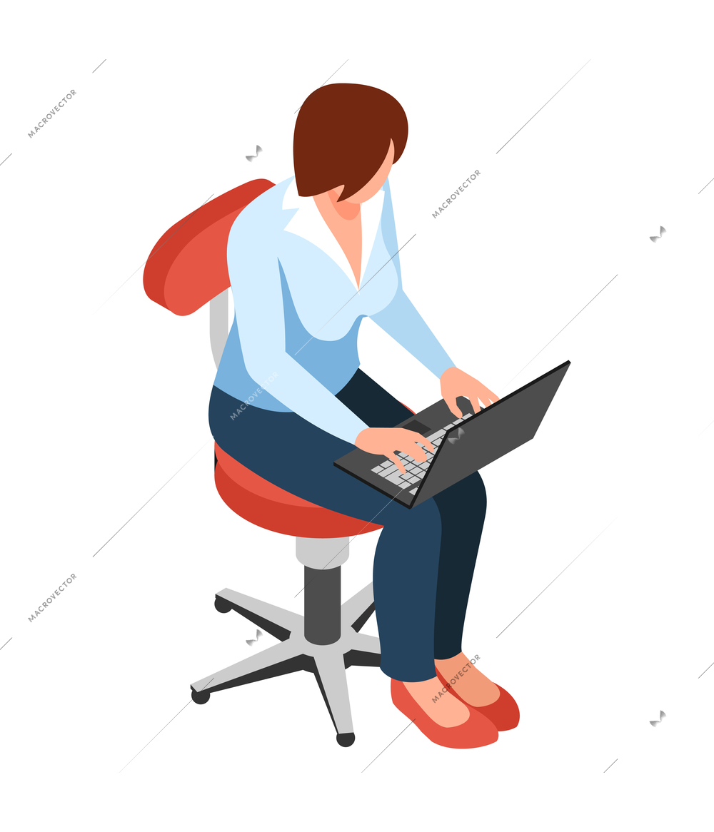 Isometric faceless character of businesswoman working on laptop 3d vector illustration