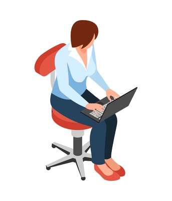 Isometric faceless character of businesswoman working on laptop 3d vector illustration