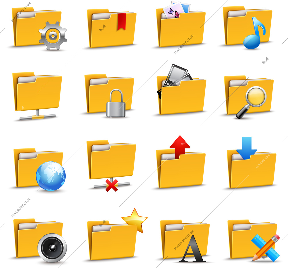 Computer folders files and archives document search icons set isolated vector illustration