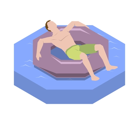 Man relaxing on inflatable flotation ring in swimming pool or sea 3d isometric vector illustration
