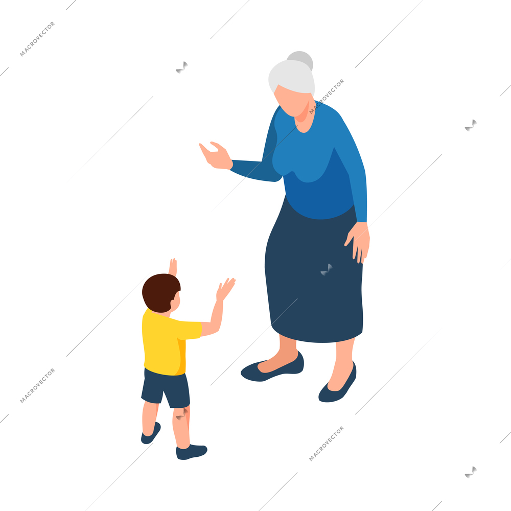 Grandmother talking or playing with her grandson 3d isometric vector illustration