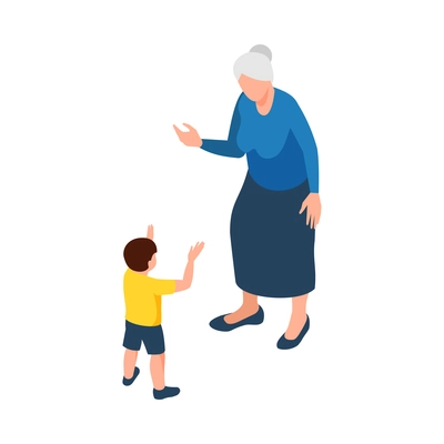 Grandmother talking or playing with her grandson 3d isometric vector illustration