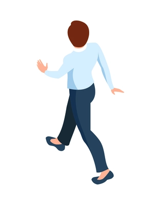 Walking businesswoman back view on white background 3d isometric vector illustration