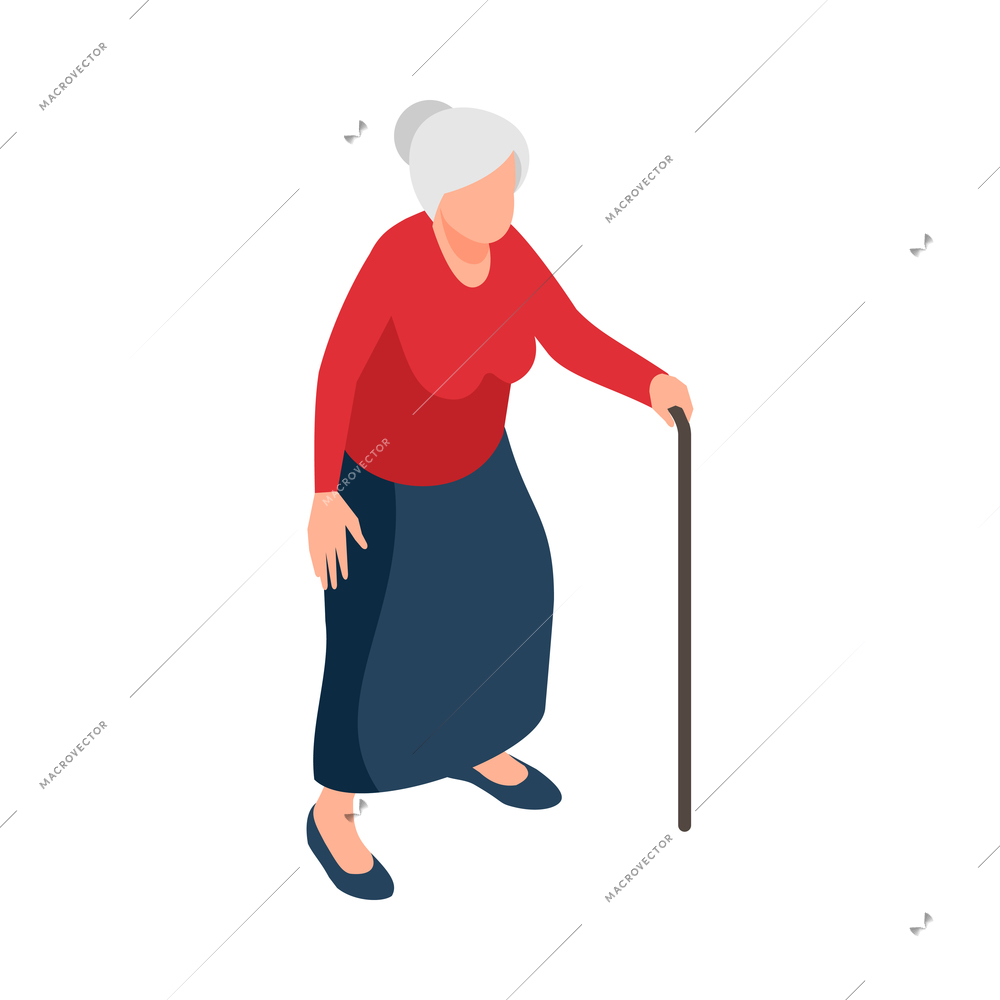 Isometric grandmother with walking stick 3d vector illustration