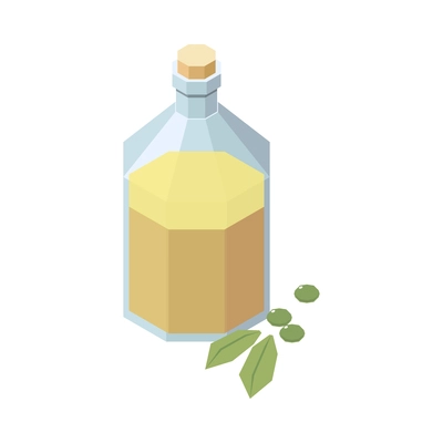 Isometric icon with glass bottle of olive oil on blank background 3d vector illustration