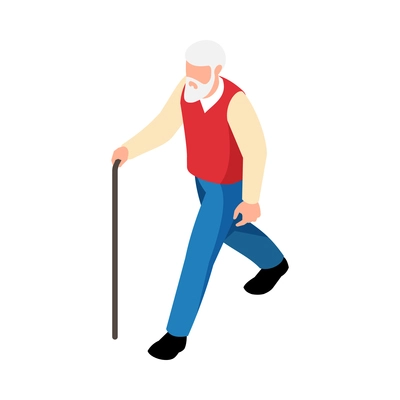 Isometric bearded grandfather with walking cane 3d vector illustration