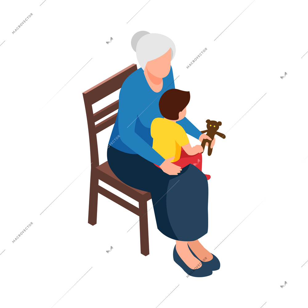 Grandmother spending time with her grandson playing with teddy bear 3d isometric vector illustration