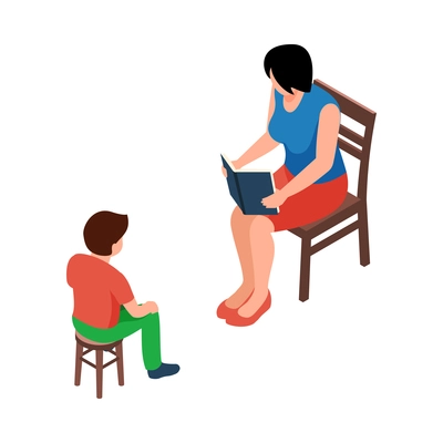 Mother reading book with her son 3d isometric vector illustration