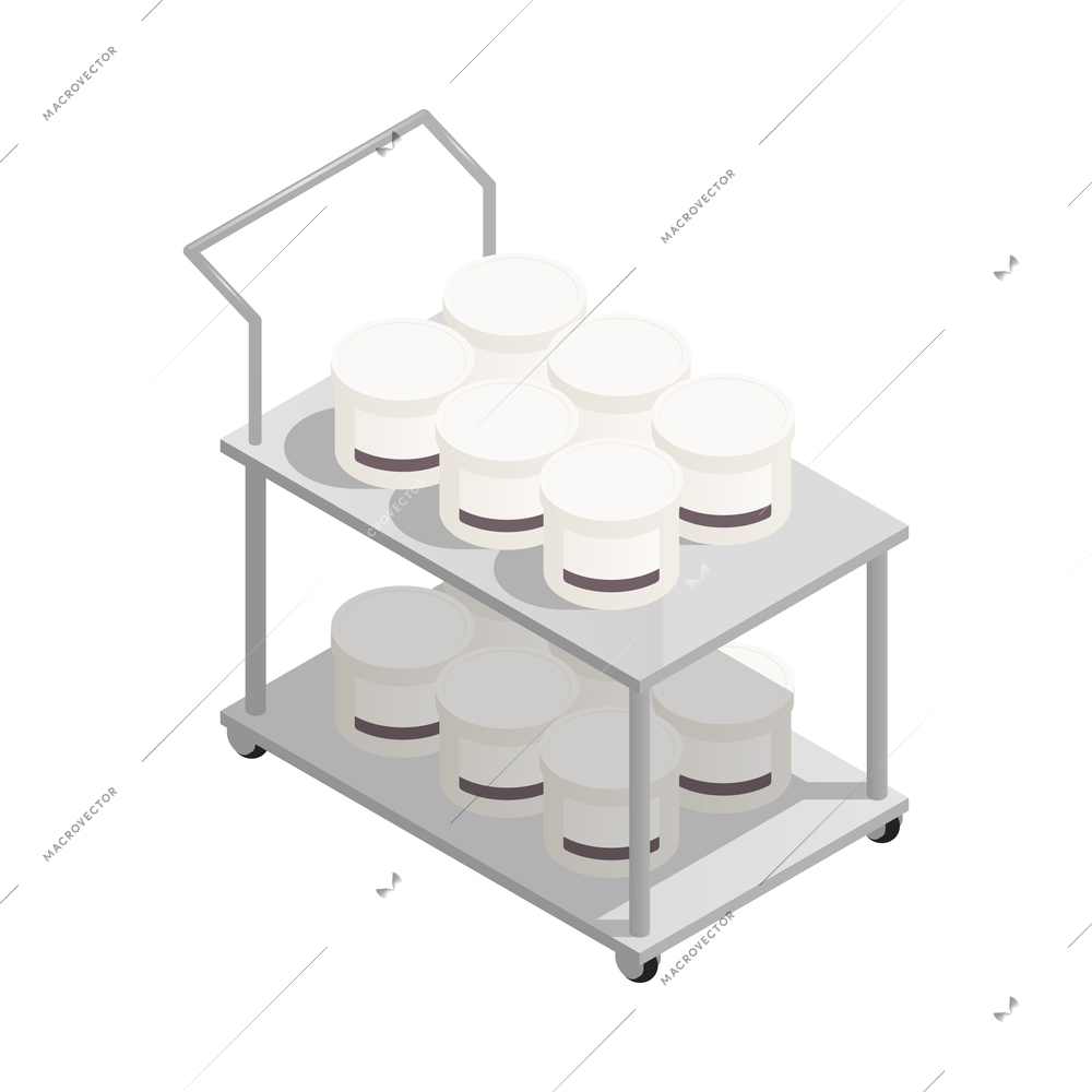 Cosmetics and detergent production isometric icon with plastic jars on metal trolley 3d vector illustration