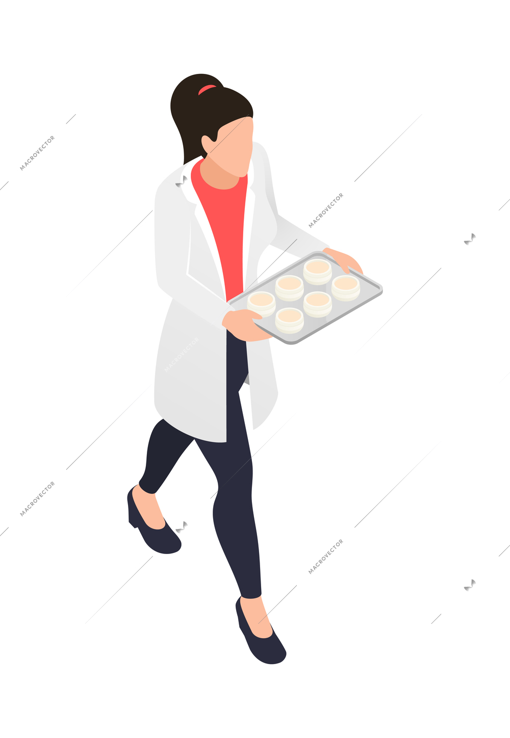 Cosmetics production icon with female worker carrying jars with cream on tray 3d isometric vector illustration