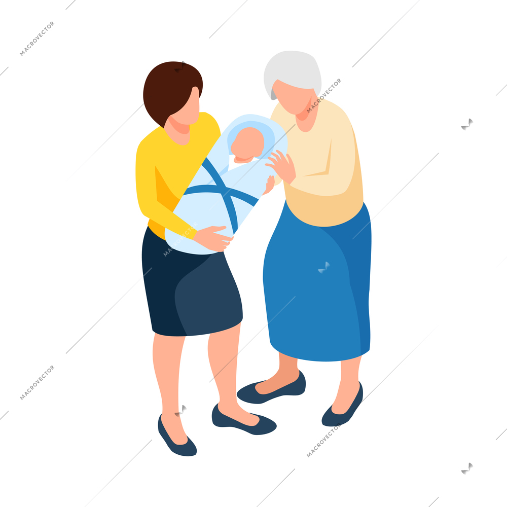 Isometric family with grandmother mother and newborn baby 3d vector illustration