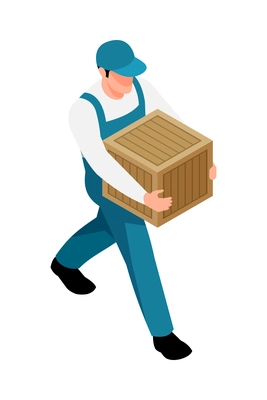 Worker in blue uniform carrying wooden box 3d isometric vector illustration