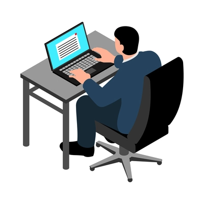 Isometric businessman working on laptop in office 3d vector illustration