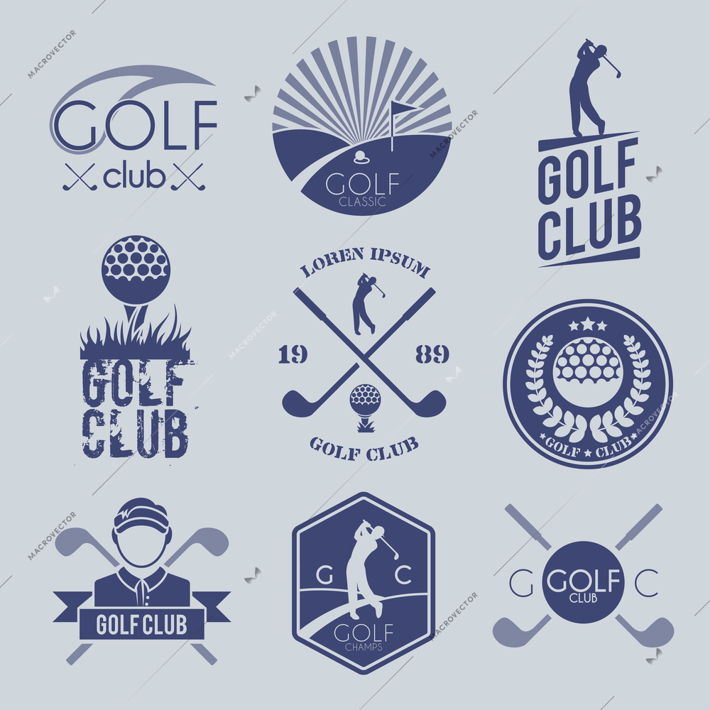 Golf club sport game competition black and white label set isolated vector illustration