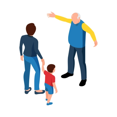 Isometric family with characters of grandfather mother and kid 3d vector illustration