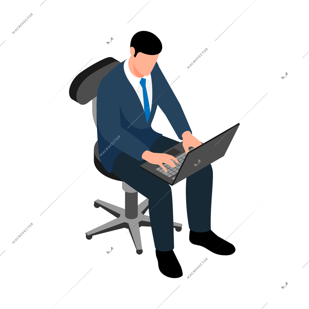 Businessman sitting on office chair and working on laptop 3d isometric vector illustration