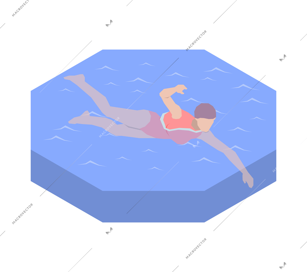 Woman swimming in swimsuit and cap 3d isometric vector illustration