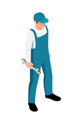 Isometric worker in uniform holding wrench 3d vector illustration