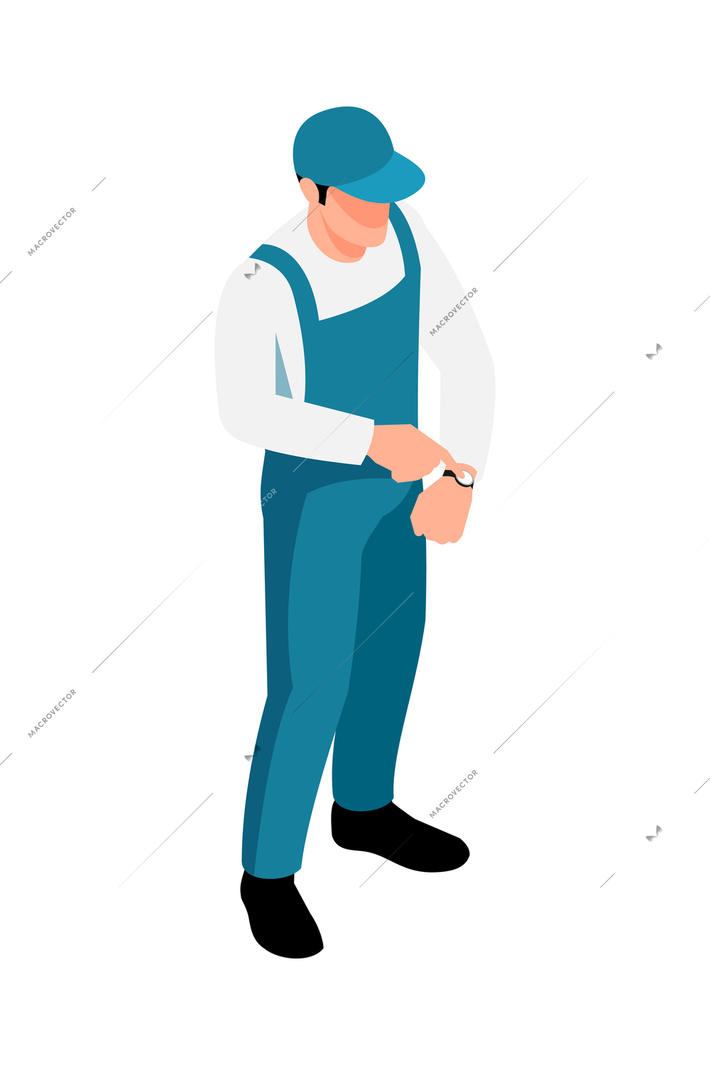 Isometric male worker in uniform looking at watch 3d vector illustration