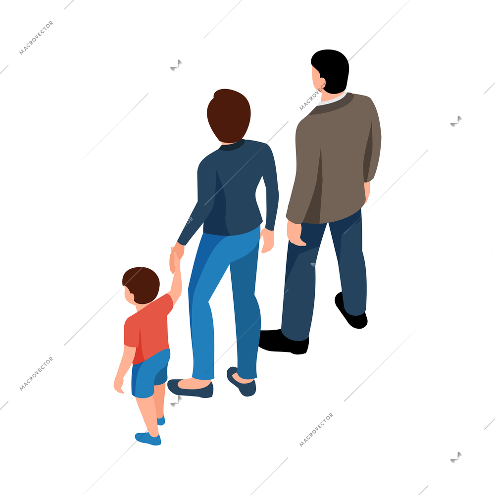 Isometric family with mum dad and son back view 3d vector illustration