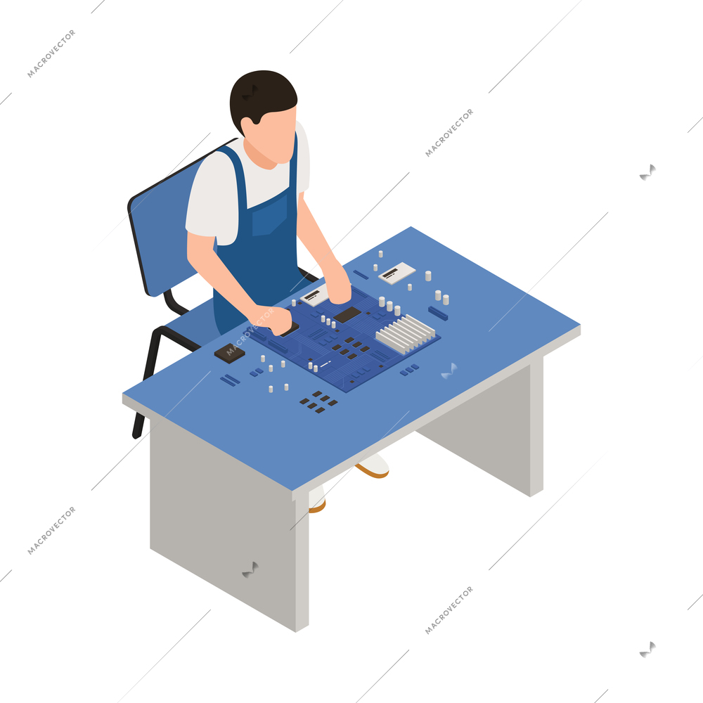 Warranty service center isometric icon with repairman fixing computer hardware 3d vector illustration