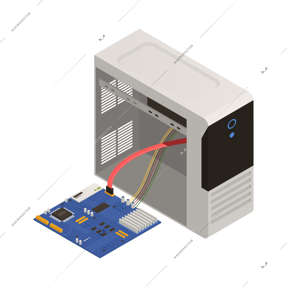 Warranty service isometric icon with disassembled computer system unit 3d vector illustration