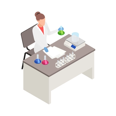 Female scientist working with flasks in science laboratory 3d isometric vector illustration