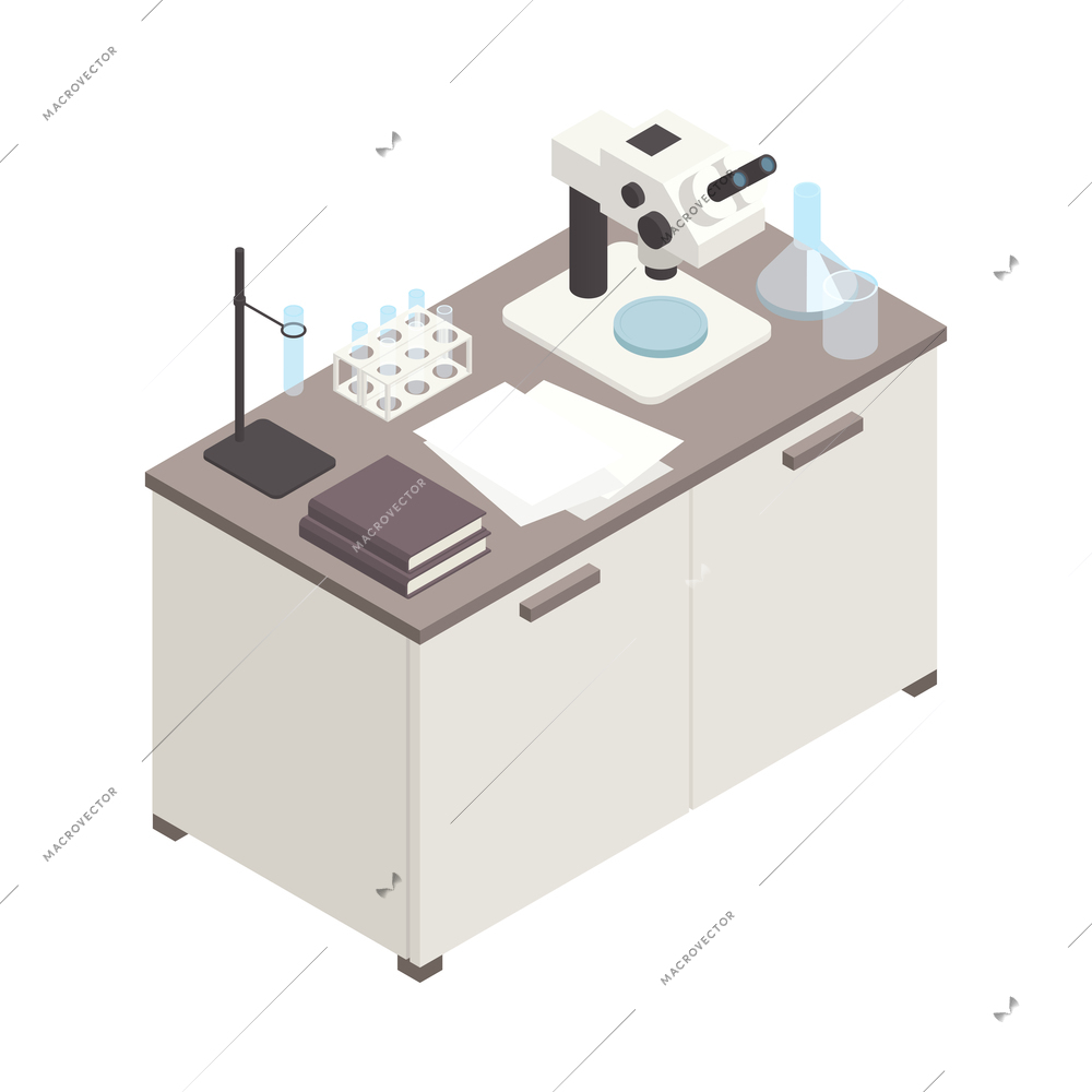 Isometric science laboratory interior workplace with glassware microscope and papers on desk 3d vector illustration