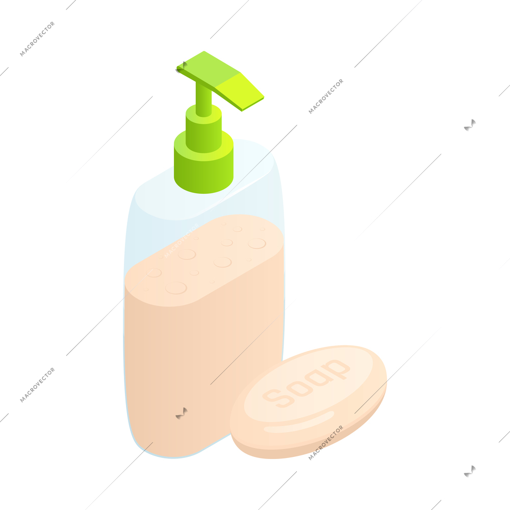Isometric bar and bottle of liquid soap on white background 3d vector illustration