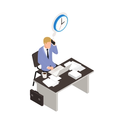 Time management isometric concept with businessman at workplace in office 3d vector illustration