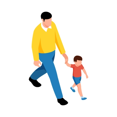 Isometric characters of dad and son walking together 3d vector illustration