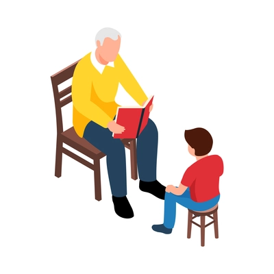 Granddad reading book to his grandson 3d isometric vector illustration