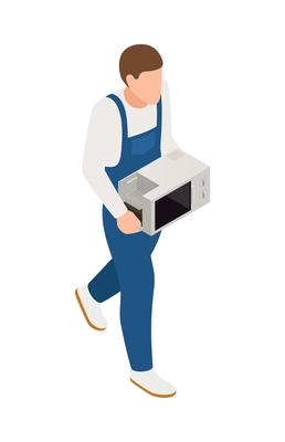 Isometric faceless character of serviceman in uniform carrying microwave oven 3d vector illustration