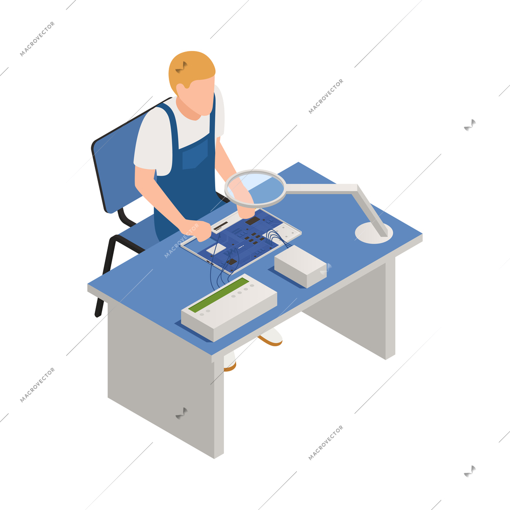 Isometric repairman fixing electronic devices at warranty service center 3d vector illustration