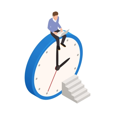 Time management isometric conceptual icon with businessman sitting on giant clock 3d vector illustration