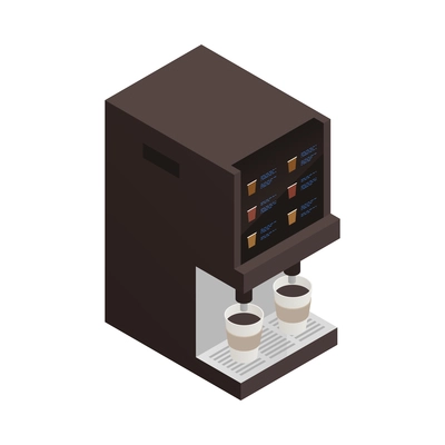 Isometric coffee machine with two paper cups 3d vector illustration