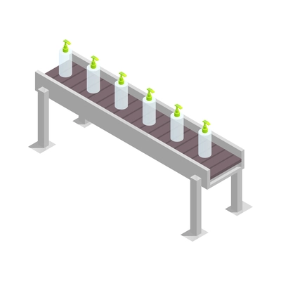 Cosmetics production isometric icon with empty dispenser bottles on conveyor line 3d vector illustration