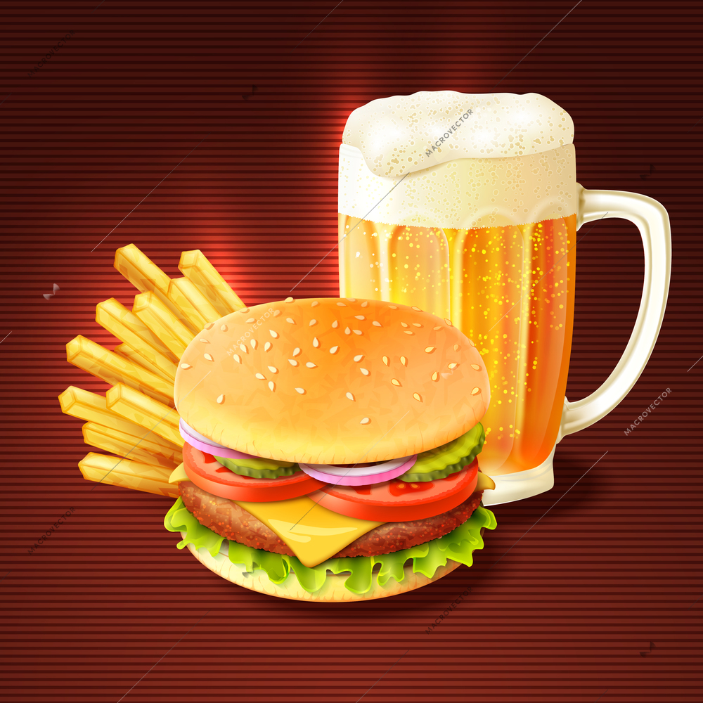 Hamburger french fries and beer glass mug realistic background vector illustration