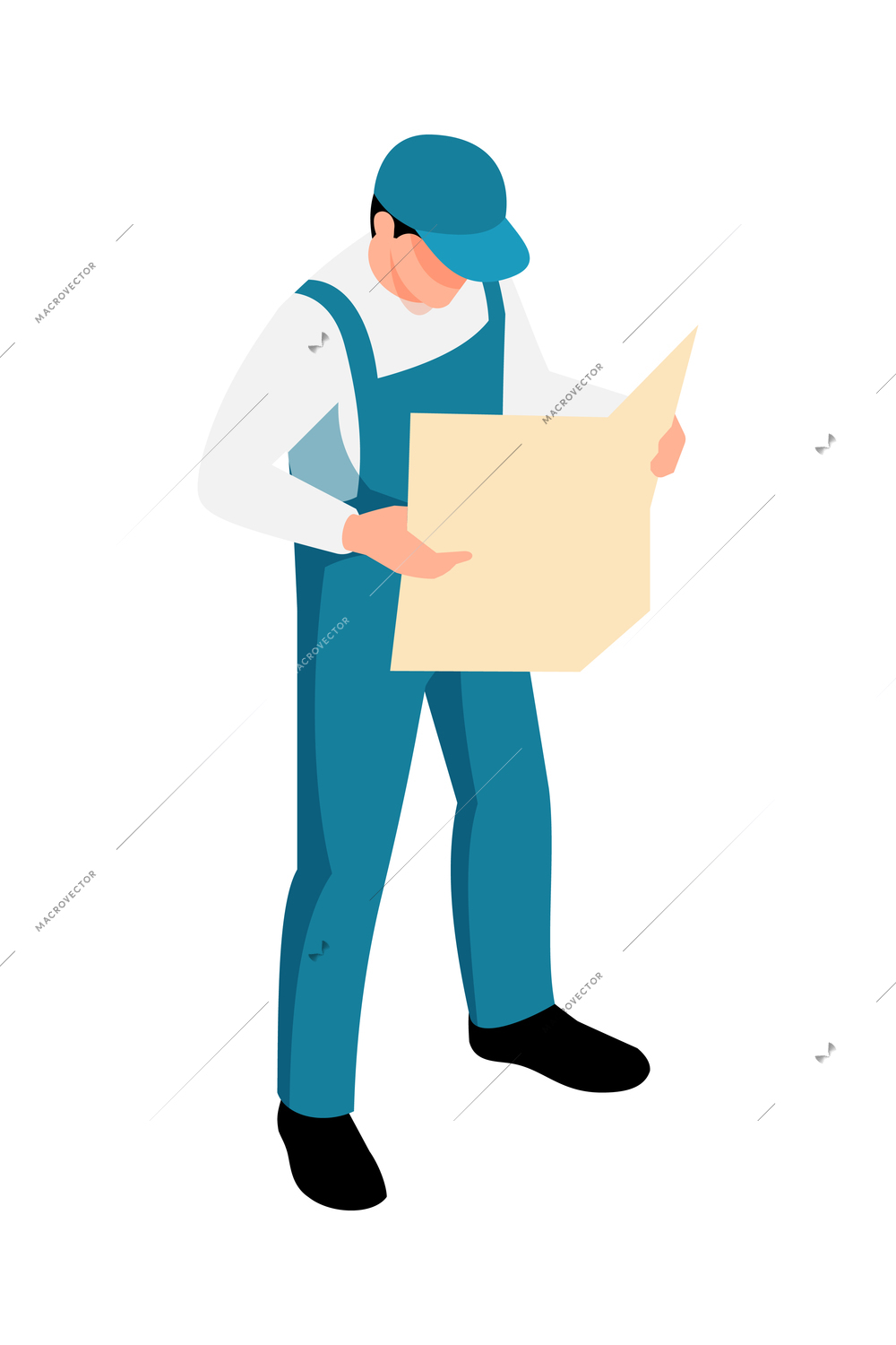 Isometric character of male working reading construction plan 3d vector illustration