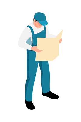 Isometric character of male working reading construction plan 3d vector illustration