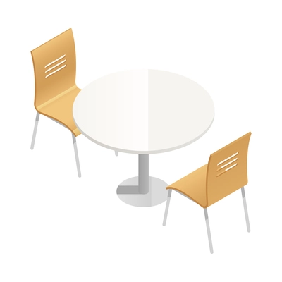 Fast food restaurant interior with empty round table and two chairs 3d isometric vector illustration