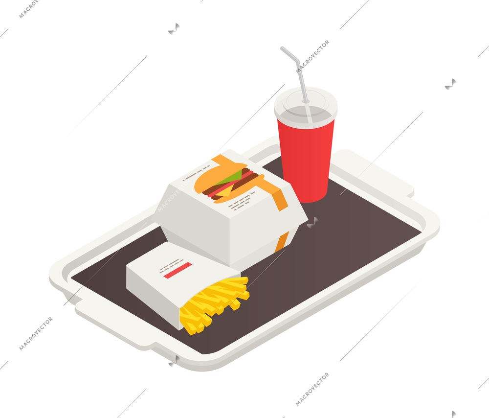Fast food isometric icon with chips burger and coke on tray 3d vector illustration