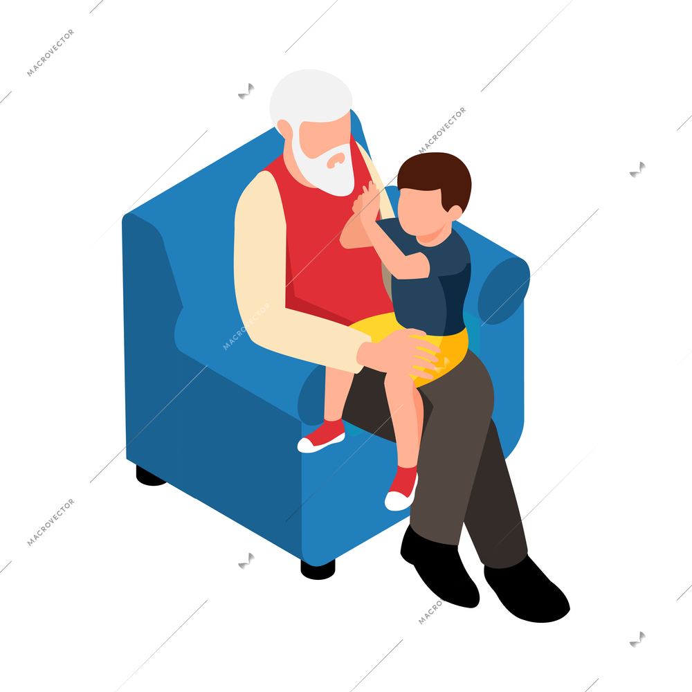 Isometric grandpa spending time with grandson sitting in armchair 3d vector illustration