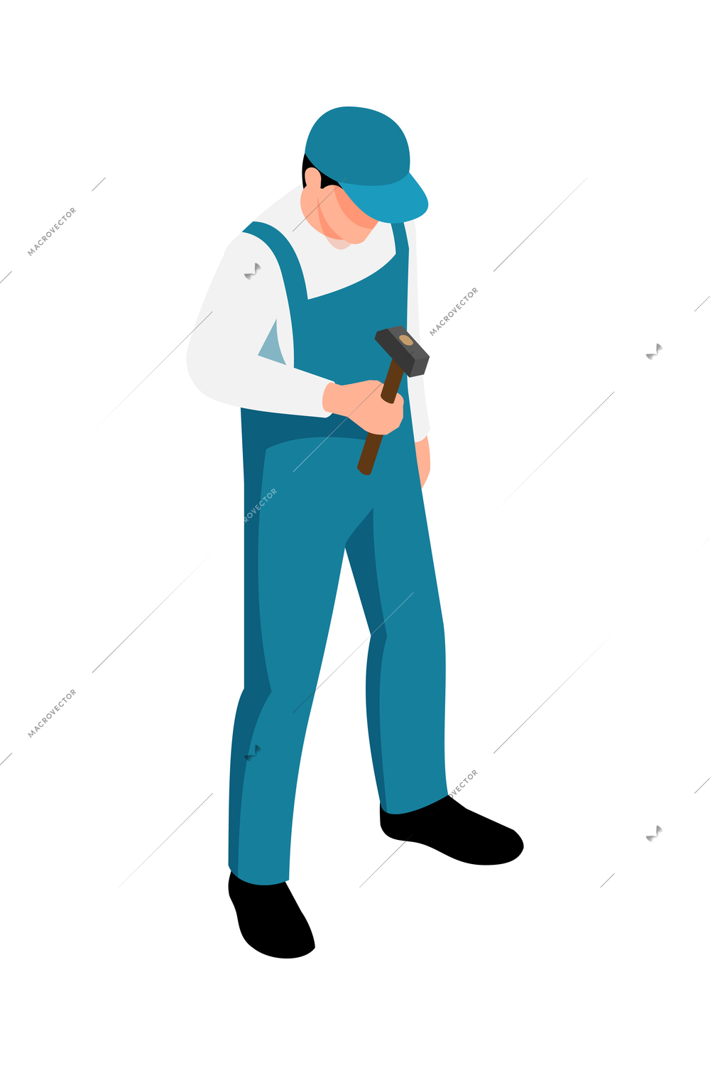 Isometric male worker holding hammer 3d vector illustration